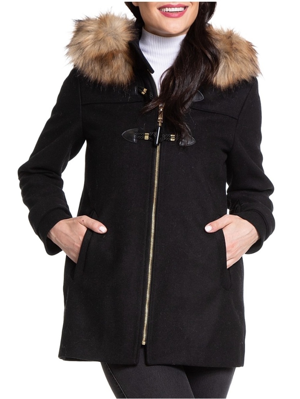 Nine West NWT Wool Blend Faux Fur Black Toggle Peacoat Winter Jacket Small